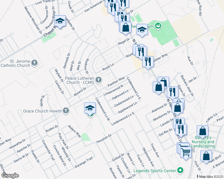 map of restaurants, bars, coffee shops, grocery stores, and more near 133 Lindenwood N in Hewitt