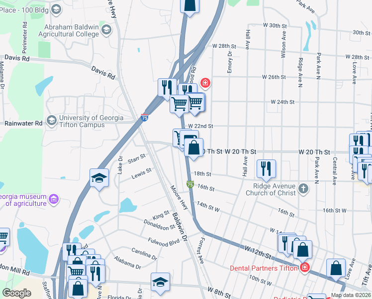 map of restaurants, bars, coffee shops, grocery stores, and more near 2436 U.S. 41 in Tifton