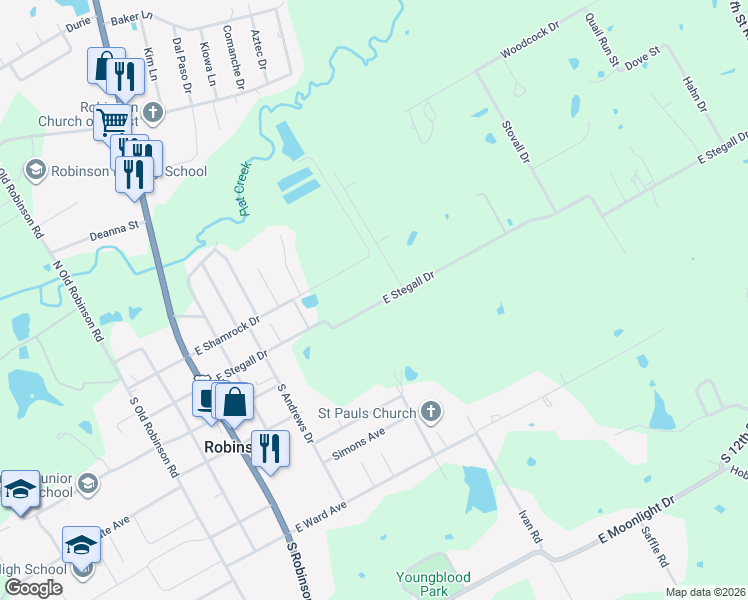map of restaurants, bars, coffee shops, grocery stores, and more near 620 East Stegall Drive in Robinson
