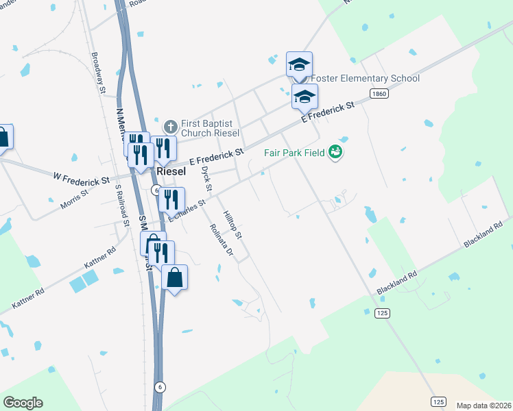 map of restaurants, bars, coffee shops, grocery stores, and more near 208 S Hedwig St in Riesel