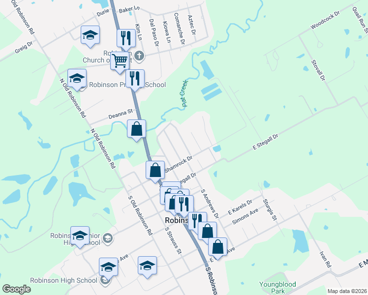 map of restaurants, bars, coffee shops, grocery stores, and more near 106 North Emberwood Drive in Robinson