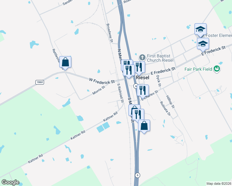 map of restaurants, bars, coffee shops, grocery stores, and more near 107 Brookshire Street in Riesel