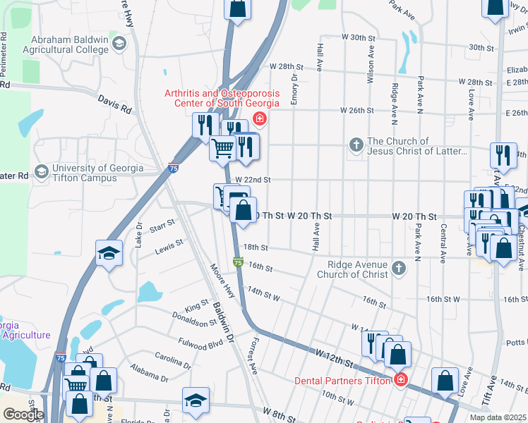 map of restaurants, bars, coffee shops, grocery stores, and more near 2010 Emmett Drive in Tifton