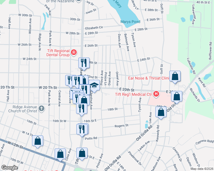 map of restaurants, bars, coffee shops, grocery stores, and more near 507 East 20th Street in Tifton