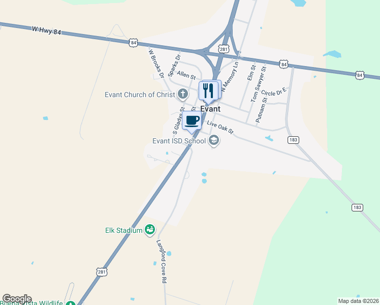 map of restaurants, bars, coffee shops, grocery stores, and more near 222 Langford Cove Road in Evant