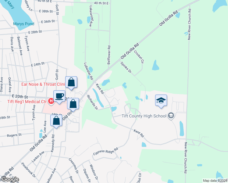 map of restaurants, bars, coffee shops, grocery stores, and more near 88 Richards Drive in Tifton