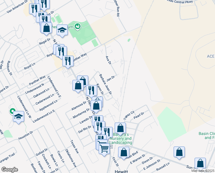 map of restaurants, bars, coffee shops, grocery stores, and more near 516 Karen Drive in Hewitt