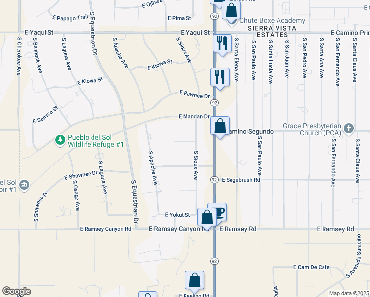 map of restaurants, bars, coffee shops, grocery stores, and more near 3704 East Toltec Court in Sierra Vista