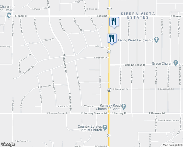 map of restaurants, bars, coffee shops, grocery stores, and more near 3704 East Toltec Court in Sierra Vista