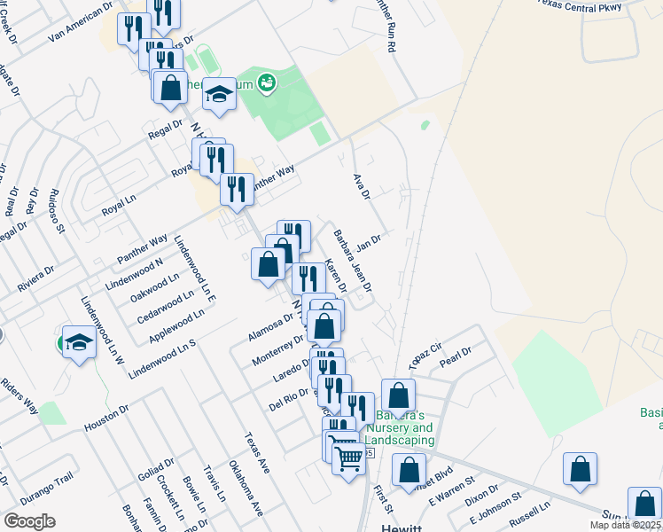 map of restaurants, bars, coffee shops, grocery stores, and more near 516 Karen Drive in Hewitt