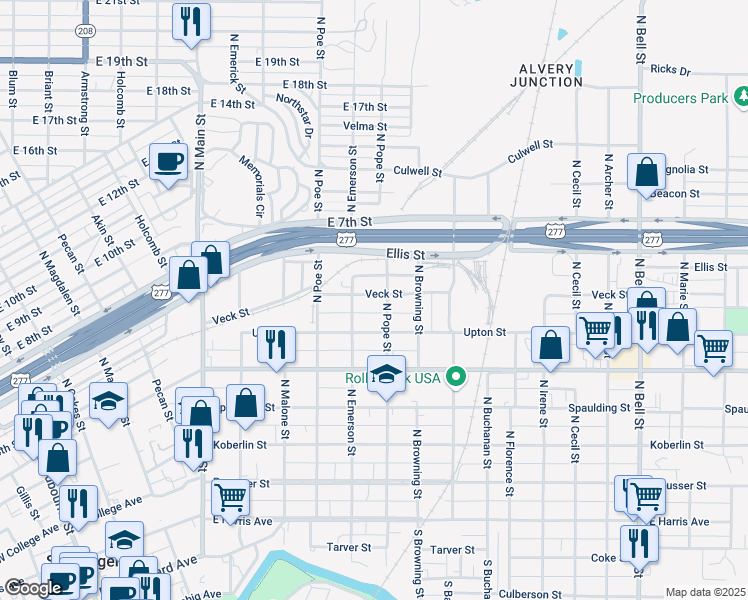 map of restaurants, bars, coffee shops, grocery stores, and more near 721 Veck Street in San Angelo