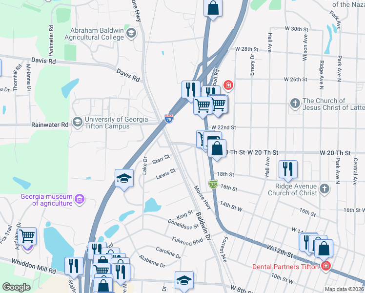 map of restaurants, bars, coffee shops, grocery stores, and more near 1002 Bay Street in Tifton