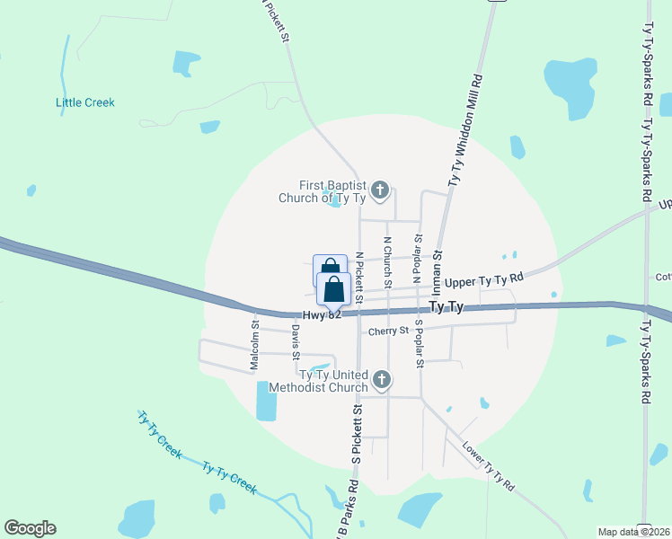 map of restaurants, bars, coffee shops, grocery stores, and more near 108 West North Street in Ty Ty