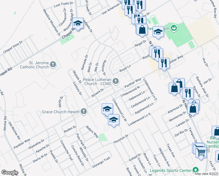 map of restaurants, bars, coffee shops, grocery stores, and more near 9404 Riviera Drive in Waco