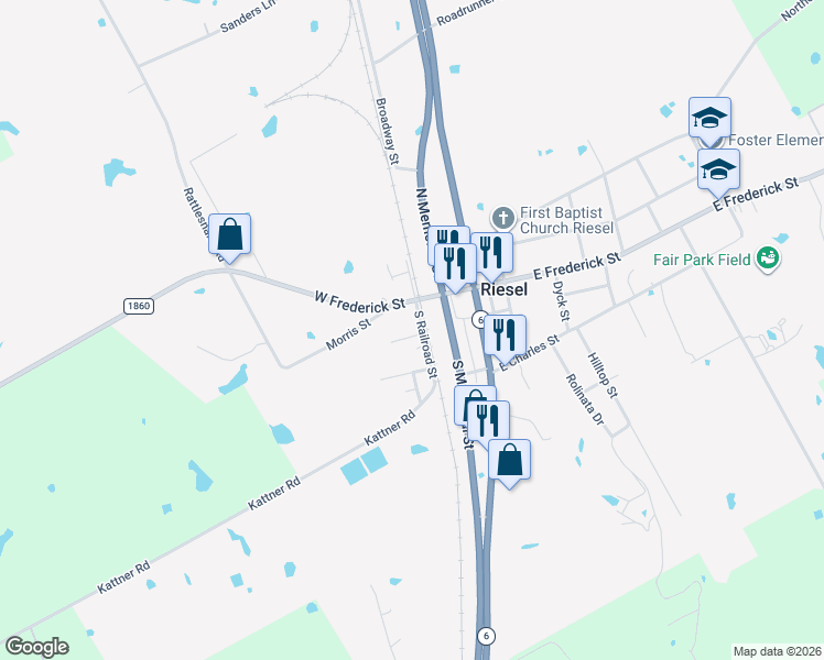 map of restaurants, bars, coffee shops, grocery stores, and more near 107 Brookshire Street in Riesel
