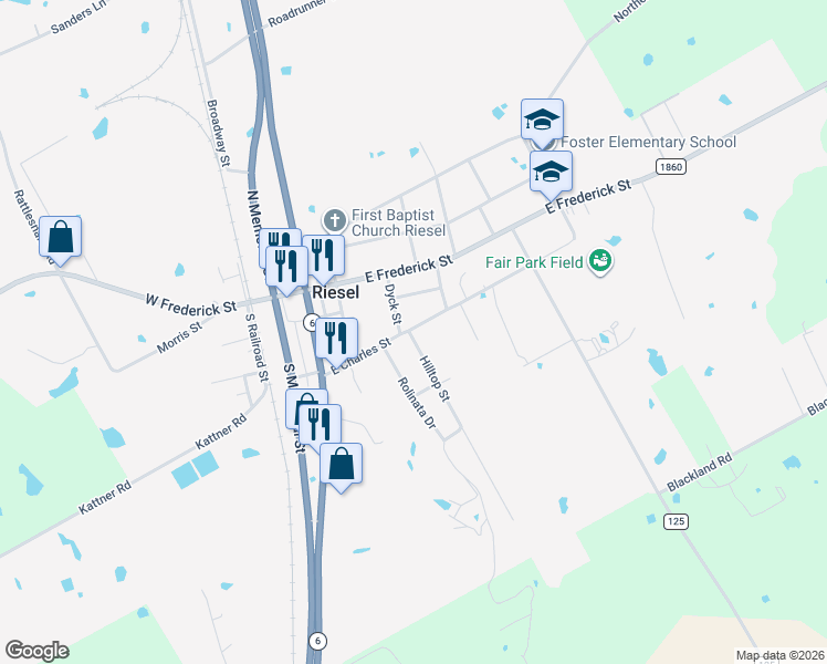 map of restaurants, bars, coffee shops, grocery stores, and more near 101 Rolinata Drive in Riesel