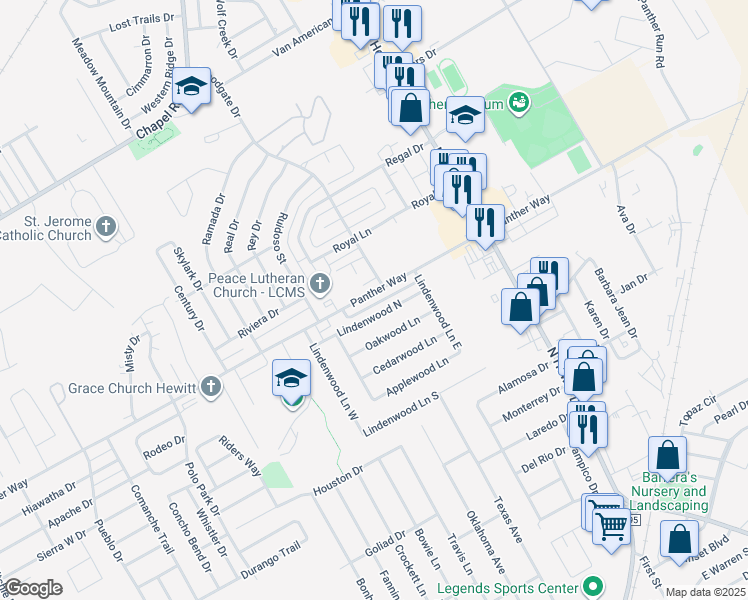 map of restaurants, bars, coffee shops, grocery stores, and more near 133 Lindenwood North in Hewitt