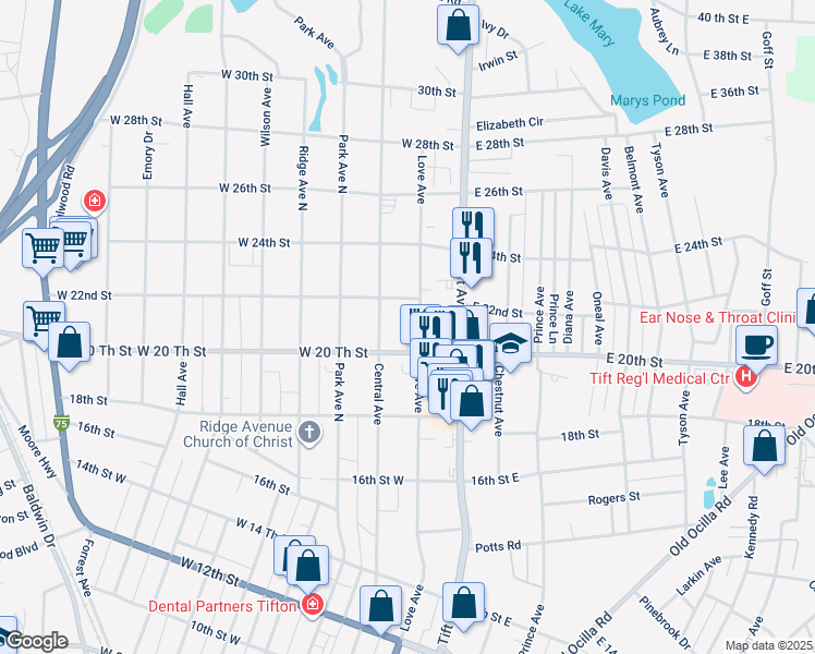 map of restaurants, bars, coffee shops, grocery stores, and more near 111 East 20th Street in Tifton