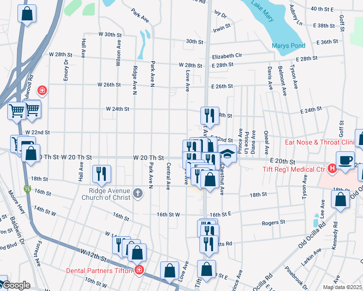 map of restaurants, bars, coffee shops, grocery stores, and more near 111 East 20th Street in Tifton