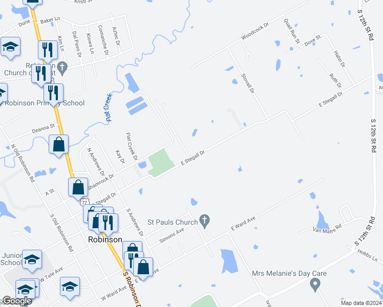 map of restaurants, bars, coffee shops, grocery stores, and more near 756 East Stegall Drive in Robinson