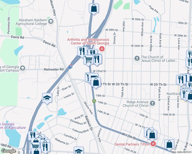 map of restaurants, bars, coffee shops, grocery stores, and more near 909 West 20 Th Street in Tifton