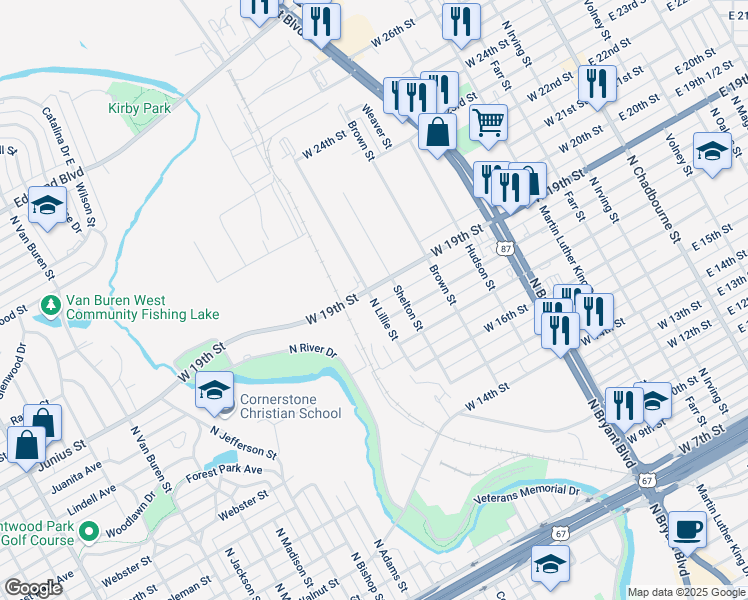 map of restaurants, bars, coffee shops, grocery stores, and more near 1820 North Lillie Street in San Angelo