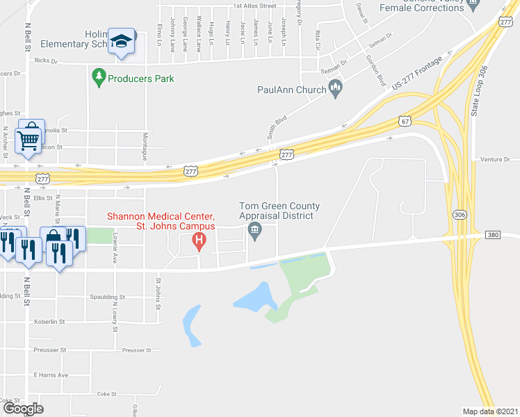 map of restaurants, bars, coffee shops, grocery stores, and more near 555 Smith Boulevard in San Angelo