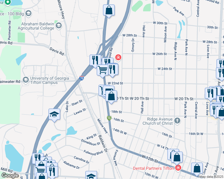 map of restaurants, bars, coffee shops, grocery stores, and more near 909 West 20 Th Street in Tifton