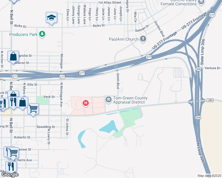 map of restaurants, bars, coffee shops, grocery stores, and more near 555 Smith Boulevard in San Angelo