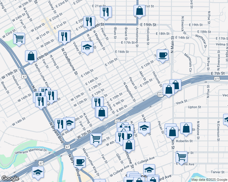 map of restaurants, bars, coffee shops, grocery stores, and more near 100 East 11th Street in San Angelo