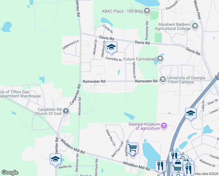 map of restaurants, bars, coffee shops, grocery stores, and more near 2810 Rainwater Road in Tifton