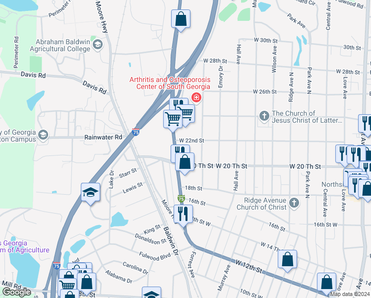 map of restaurants, bars, coffee shops, grocery stores, and more near 909 West 20 Th Street in Tifton