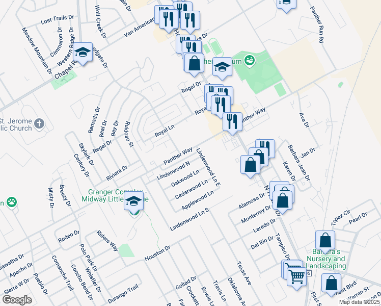 map of restaurants, bars, coffee shops, grocery stores, and more near 301 Panther Way in Hewitt
