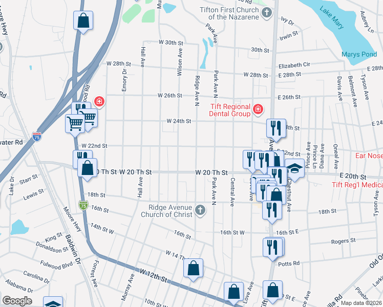 map of restaurants, bars, coffee shops, grocery stores, and more near 2014 North Ridge Avenue in Tifton