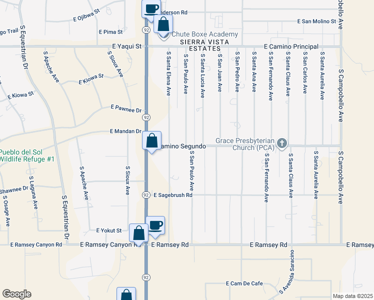 map of restaurants, bars, coffee shops, grocery stores, and more near 5226 South San Paulo Avenue in Sierra Vista