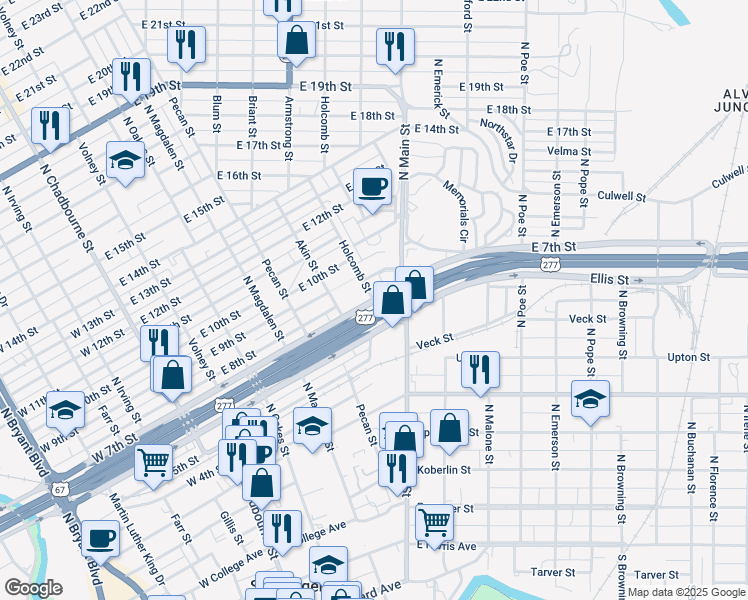 map of restaurants, bars, coffee shops, grocery stores, and more near 701 Holcomb Street in San Angelo
