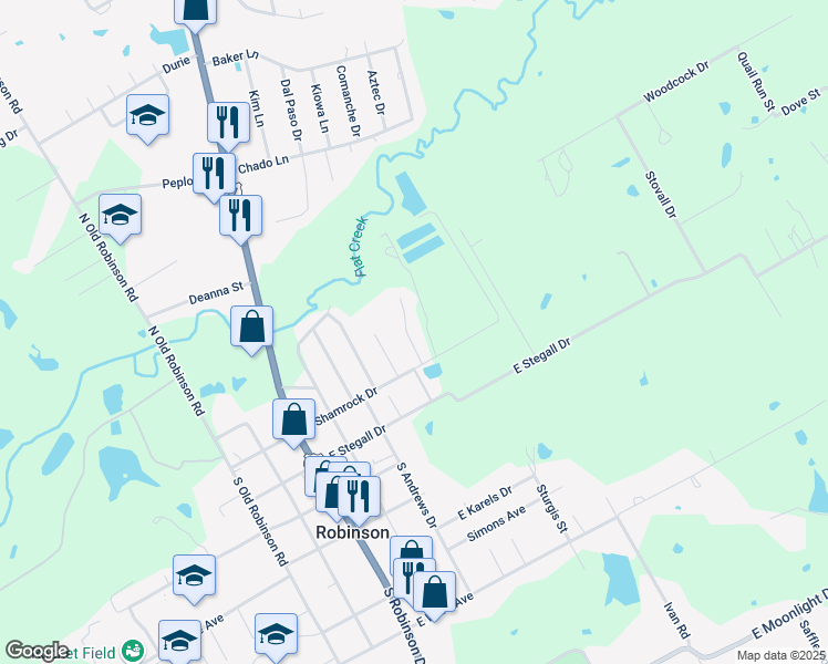 map of restaurants, bars, coffee shops, grocery stores, and more near 121 Flat Creek Drive in Robinson
