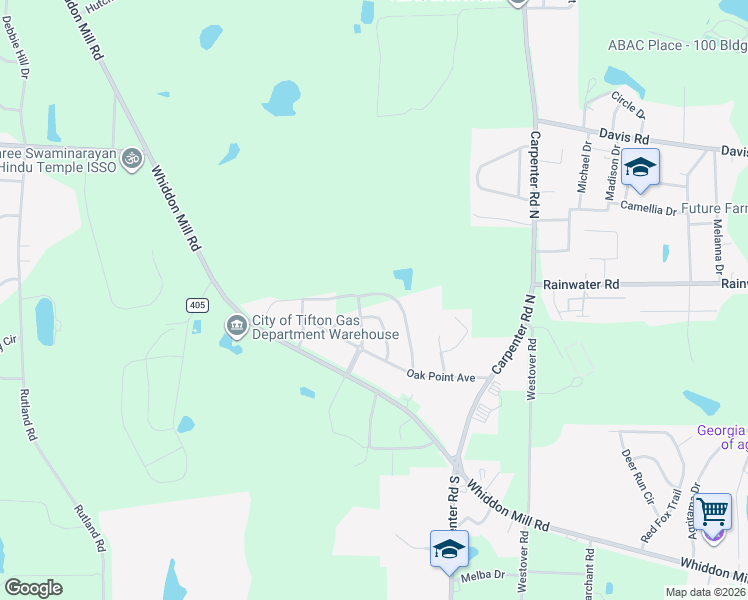 map of restaurants, bars, coffee shops, grocery stores, and more near 115 Rolling Wood Drive in Tifton