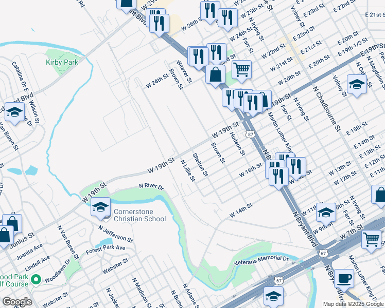 map of restaurants, bars, coffee shops, grocery stores, and more near 801 West 19th Street in San Angelo
