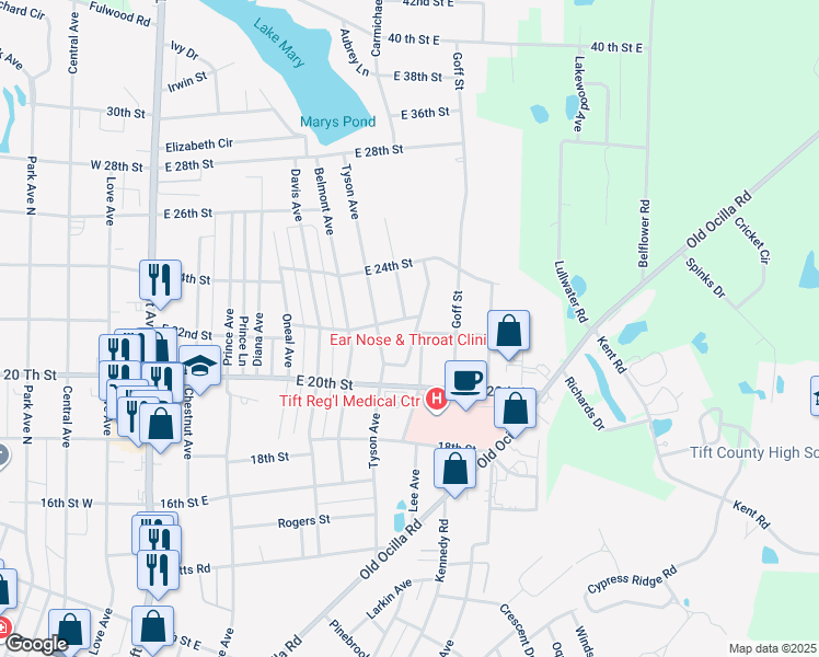 map of restaurants, bars, coffee shops, grocery stores, and more near 2020 Meadowbrook Drive in Tifton