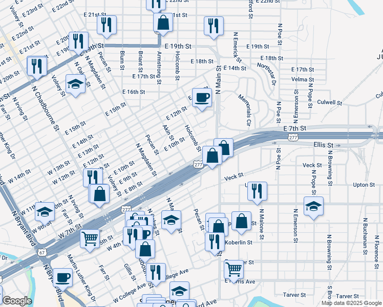 map of restaurants, bars, coffee shops, grocery stores, and more near 701-799 Holcomb Street in San Angelo