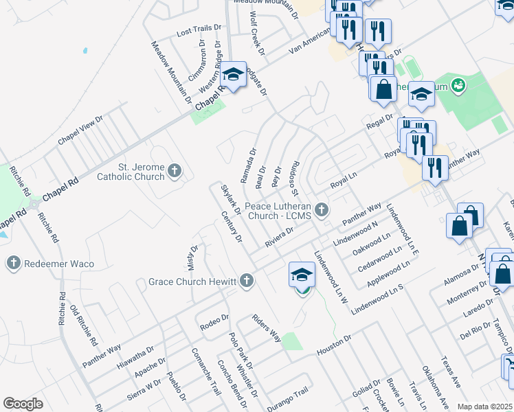 map of restaurants, bars, coffee shops, grocery stores, and more near 2100 Ramada Drive in Waco