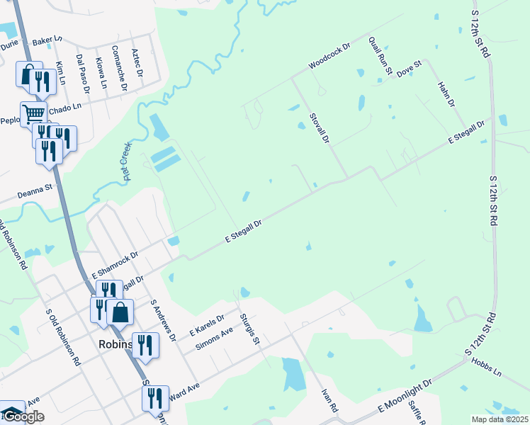 map of restaurants, bars, coffee shops, grocery stores, and more near 756 East Stegall Drive in Robinson