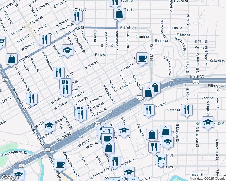 map of restaurants, bars, coffee shops, grocery stores, and more near 1002 Pecan Street in San Angelo