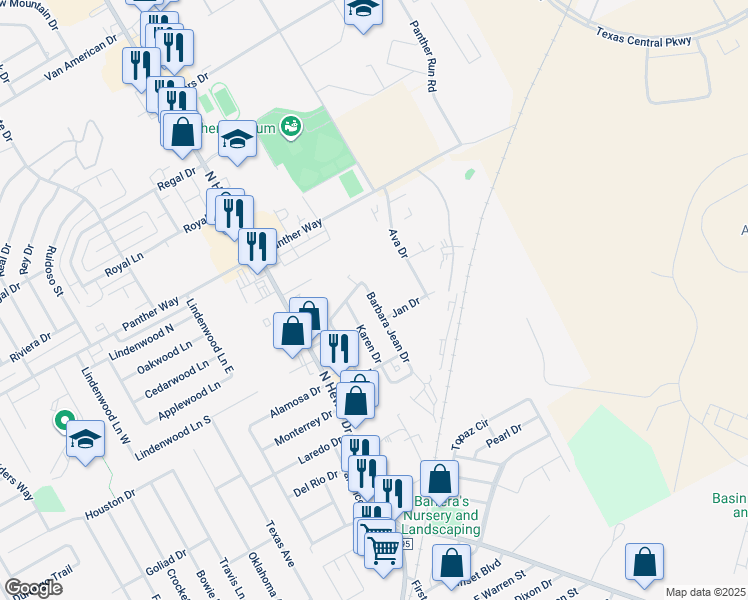 map of restaurants, bars, coffee shops, grocery stores, and more near 612 Barbara Jean Drive in Hewitt