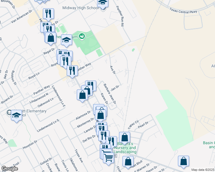 map of restaurants, bars, coffee shops, grocery stores, and more near 612 Barbara Jean Drive in Hewitt