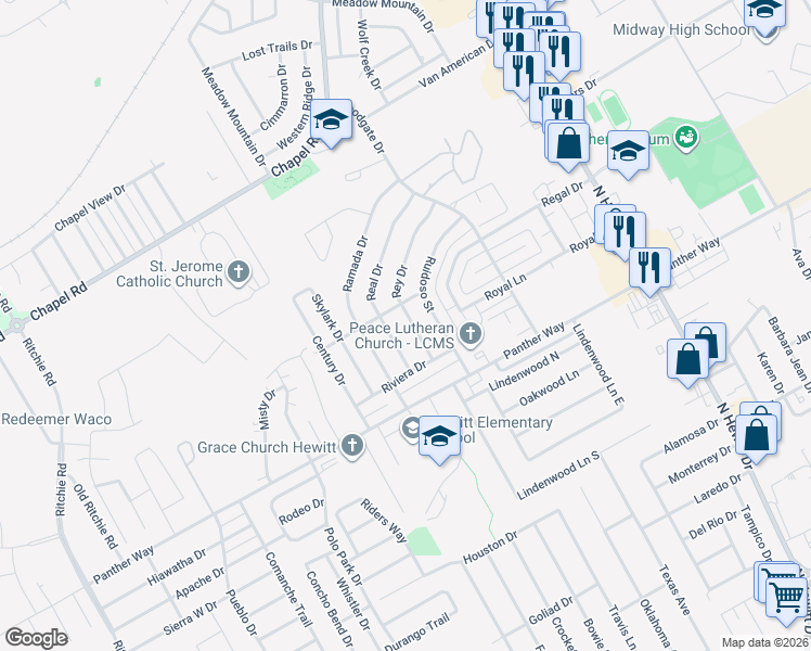 map of restaurants, bars, coffee shops, grocery stores, and more near 2117 Rey Dr in Waco