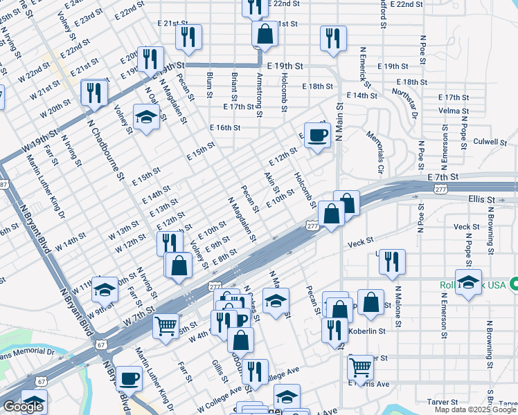 map of restaurants, bars, coffee shops, grocery stores, and more near 1002 Pecan Street in San Angelo