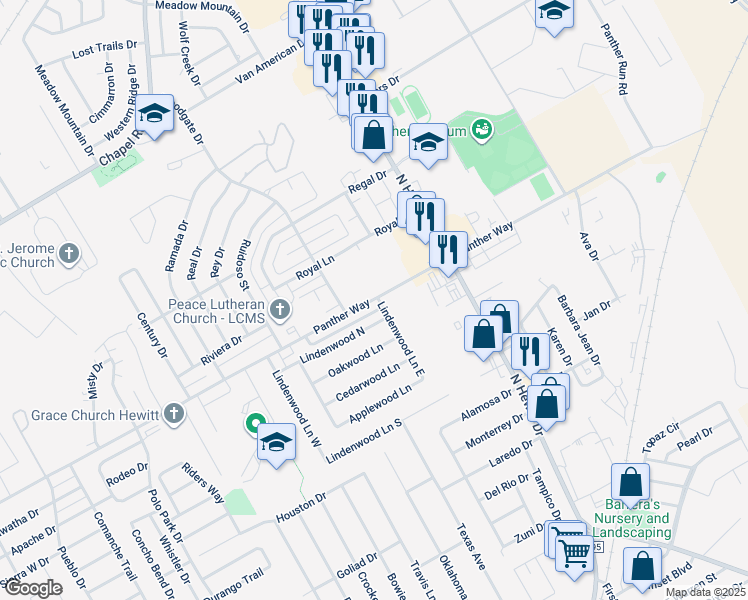 map of restaurants, bars, coffee shops, grocery stores, and more near 301 Panther Way in Hewitt