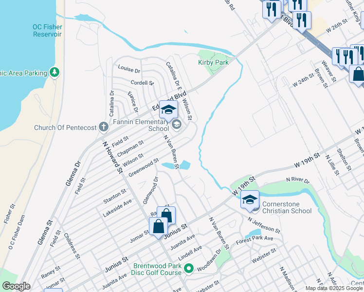 map of restaurants, bars, coffee shops, grocery stores, and more near 1717 Greenwood Street in San Angelo